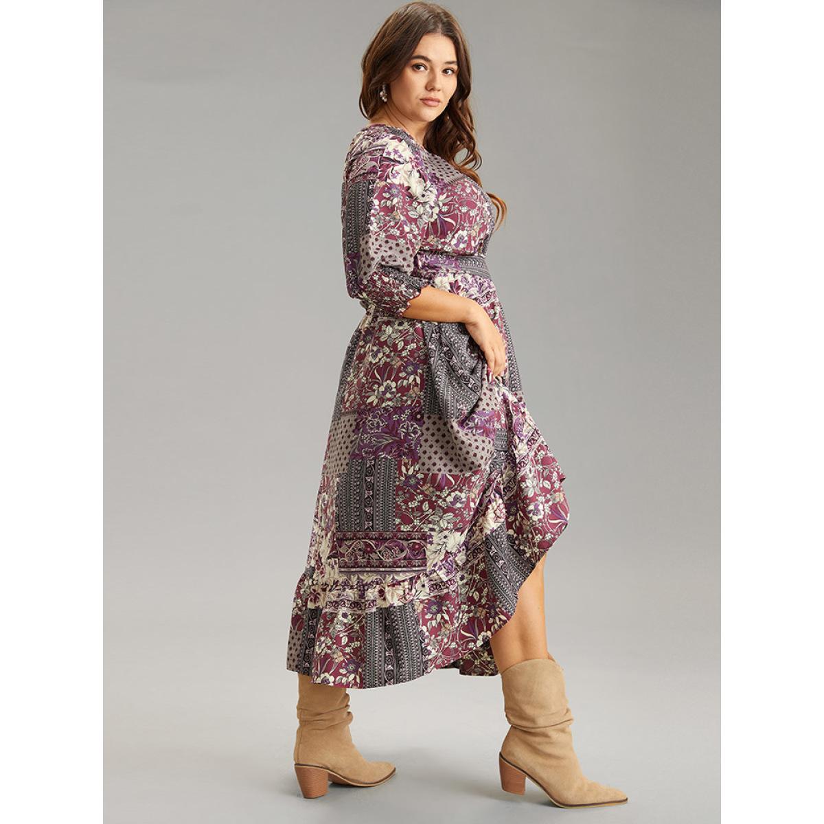 Plus Size Boho Print Belted Shirred Ruffle Layered Hem Dress Purple Women Vacation Belted Round Neck Elbow-length sleeve Curvy Midi Dress BloomChic 28/5X Product Image