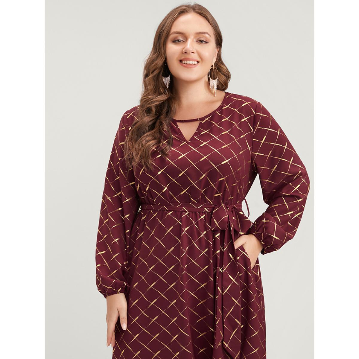 Plus Size Geometric Lantern Sleeve Pocket Keyhole Round Neck Belted Dress Scarlet Women Party Elastic Waist Round Neck Long Sleeve Curvy Midi Dress BloomChic 12/L Product Image