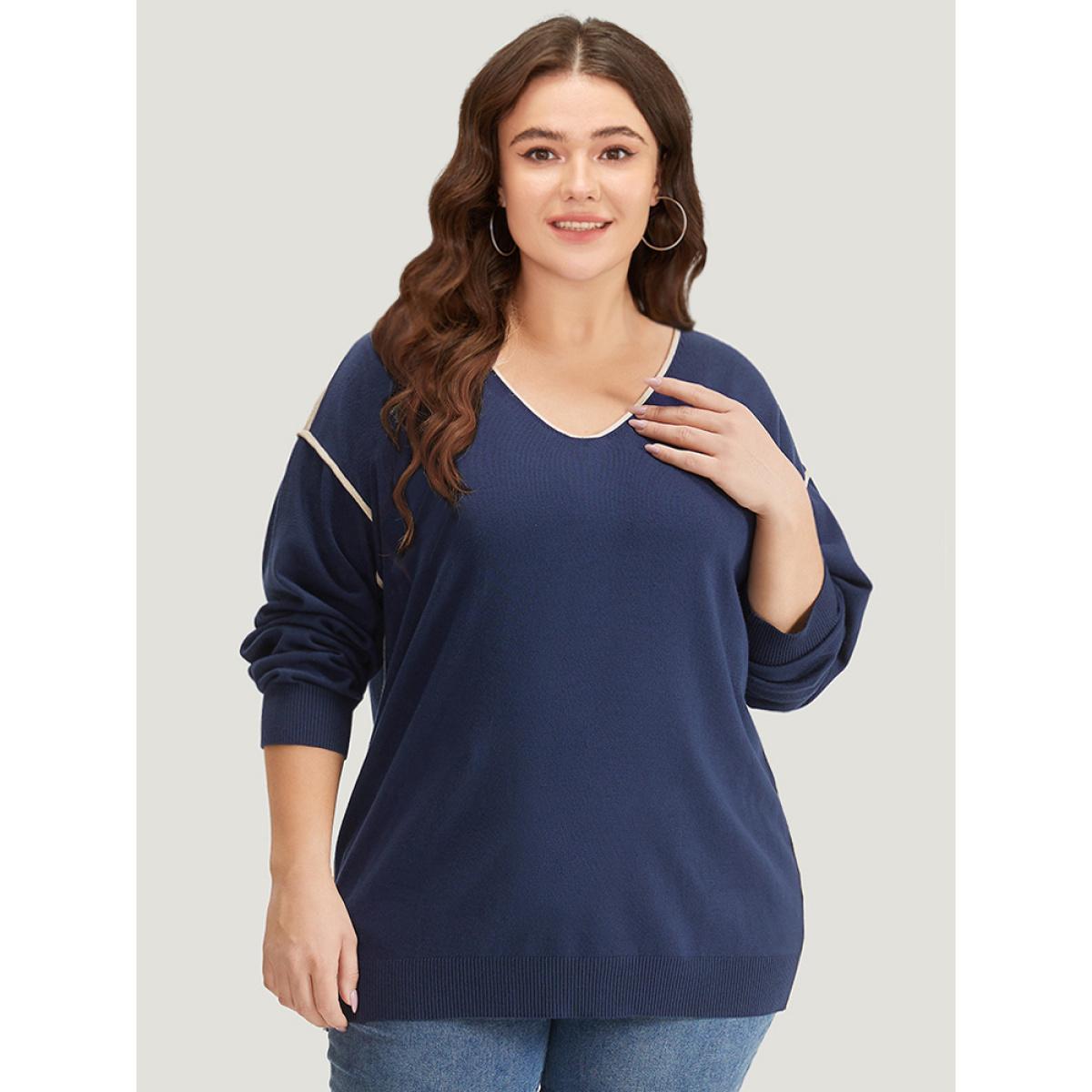 Plus Size Supersoft Essentials Contrast Trim Drop Shoulder Pullover Navy Women Casual Loose Long Sleeve V-neck Dailywear Pullovers BloomChic 12/L Product Image