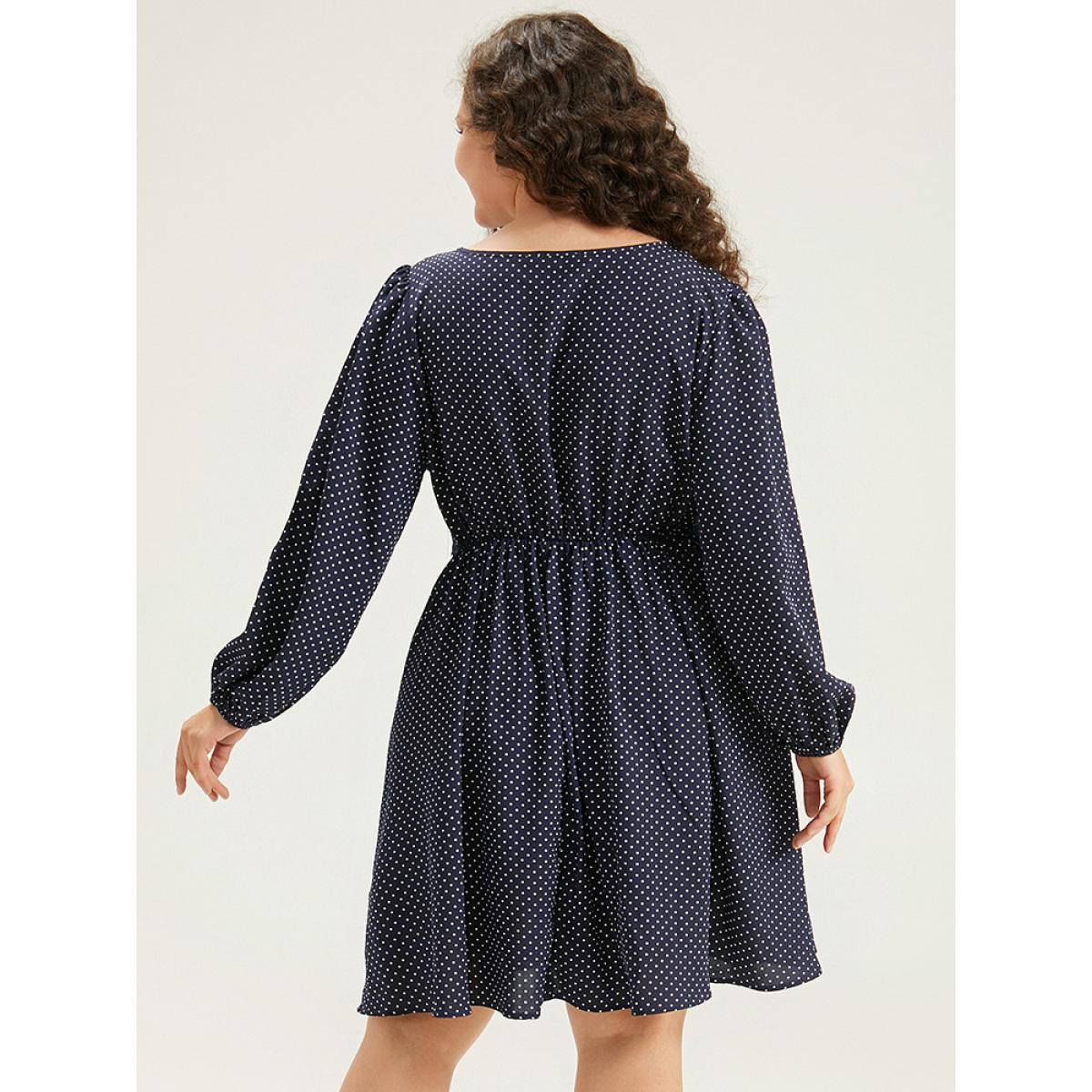 Plus Size Polka Dot Keyhole Lace Panel Dress Indigo Women Office Elastic cuffs Keyhole Cut-Out Long Sleeve Curvy Knee Dress BloomChic 28/5X Product Image