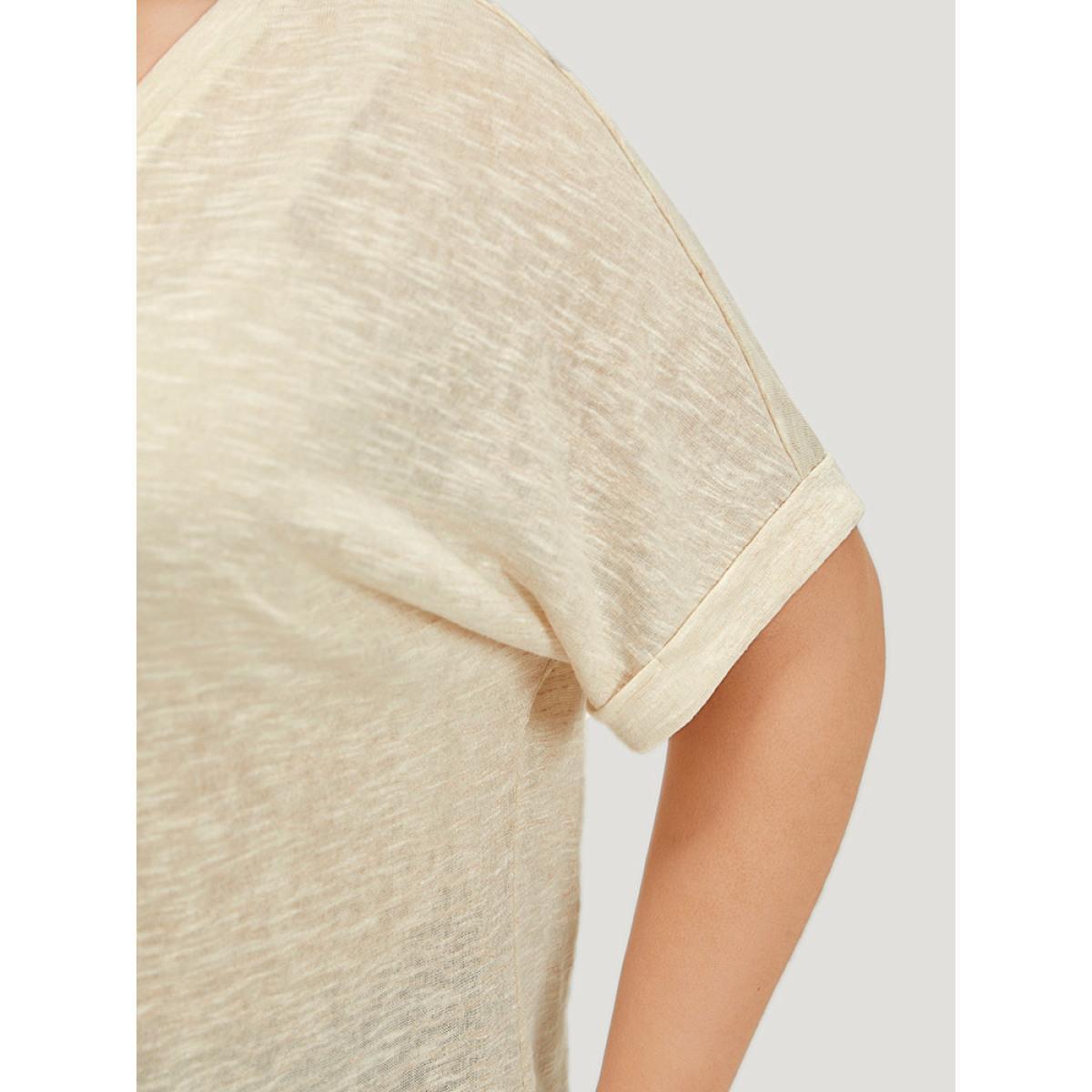 Plus Size Solid Mesh Heather Roll Batwing Sleeve T-shirt Beige Women Casual See through Plain V-neck Dailywear T-shirts BloomChic 18-20/2X Product Image