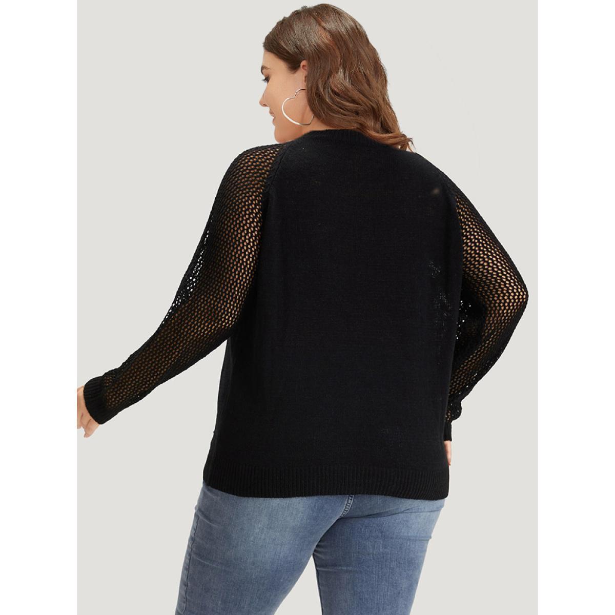 Plus Size Hollow Out Patchwork Raglan Sleeve Ripped Pullover Black Women Casual Loose Long Sleeve Round Neck Dailywear Pullovers BloomChic 10/M Product Image