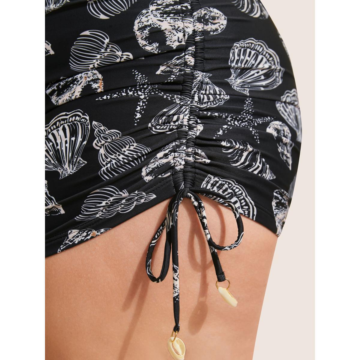 Plus Size Shell Print Drawstring Side Skinny Swim Bottom Women's Swimwear Black Beach Drawstring High stretch Skinny High Rise Curve Swim Bottoms BloomChic 26/4X Product Image