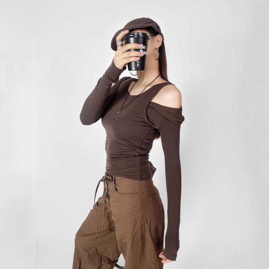 Long Sleeve Cold Shoulder Plain Crop T-Shirt Product Image
