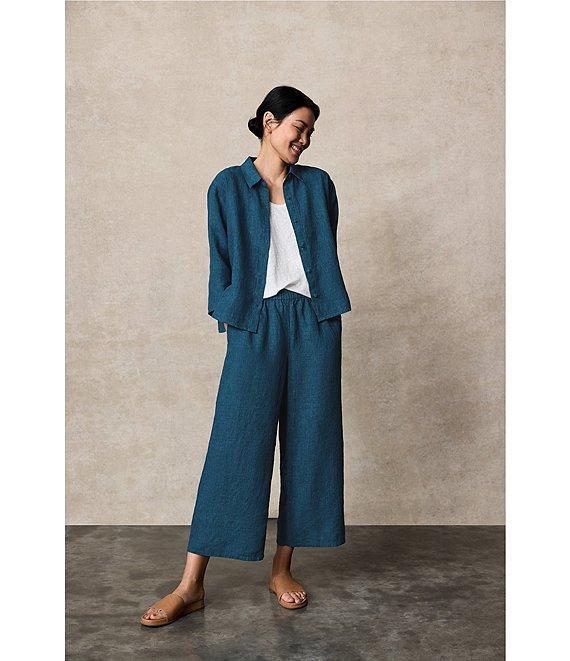 Eileen Fisher Washed Organic Linen Point Collar 3/4 Sleeve Button Front Shirt Product Image