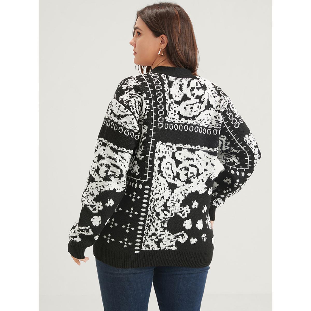 Plus Size Bandana Super Soft Knit Button Front Jacquard Cardigan BlackFlower Women Casual Long Sleeve Dailywear Cardigans BloomChic 18-20/2X Product Image