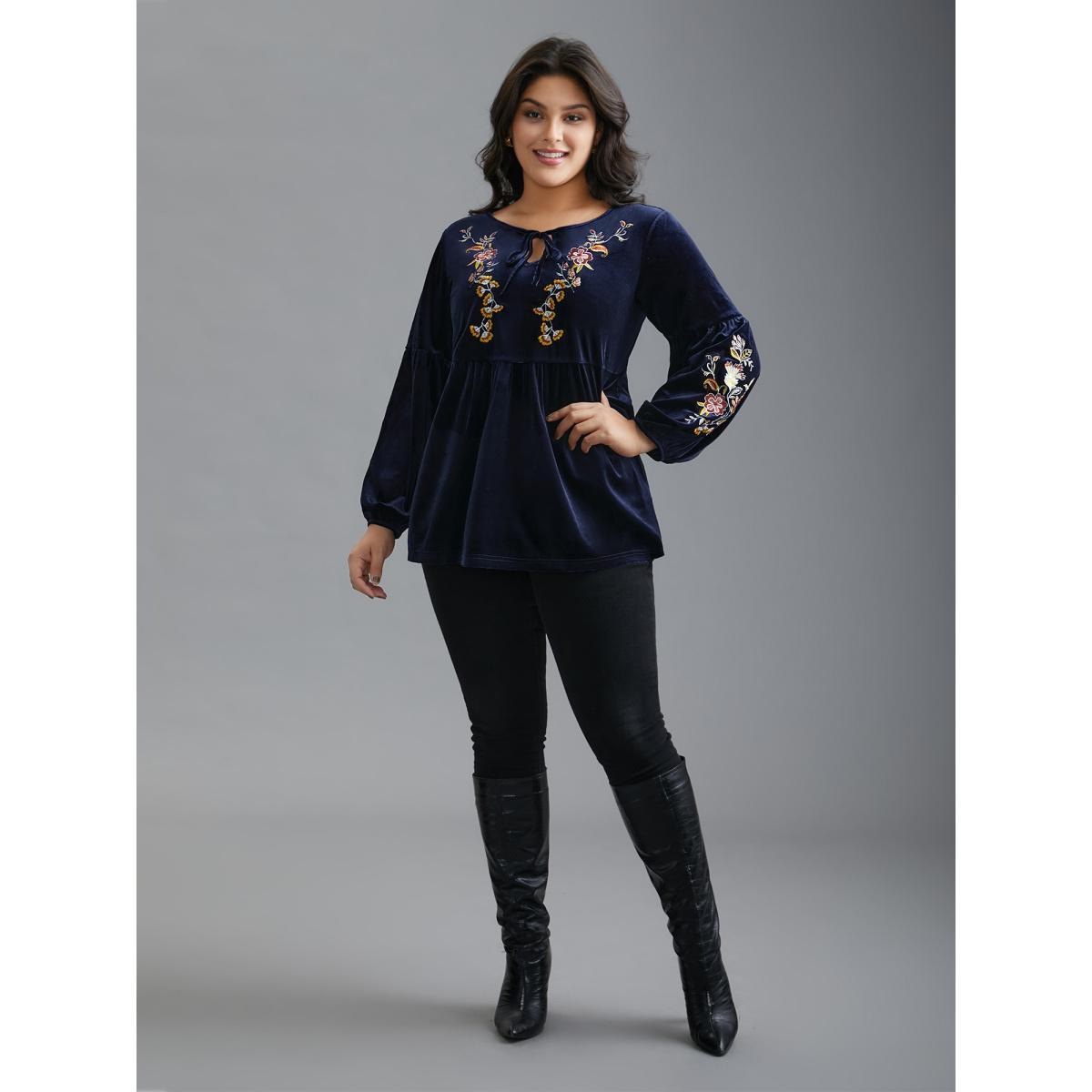 Plus Size Indigo Floral Embroidered Velvet Tie Knot Blouse Women Elegant Long Sleeve V-neck Everyday Blouses BloomChic 10/M Product Image