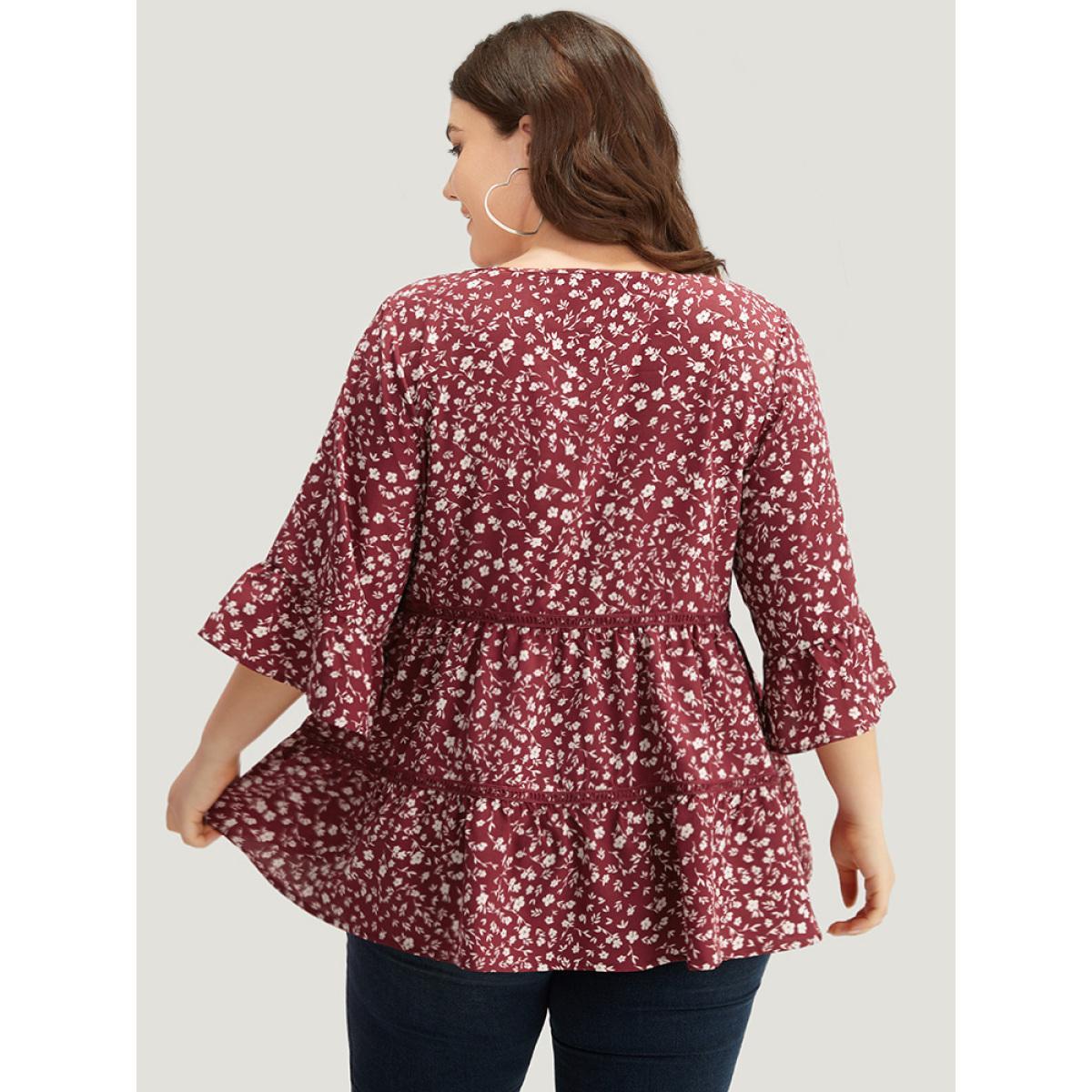 Plus Size Burgundy Silhouette Floral Print Lace Patchwork Square Neck Flutters Blouse Women Elegant Elbow-length sleeve Square Neck Dailywear Blouses BloomChic 10/M Product Image