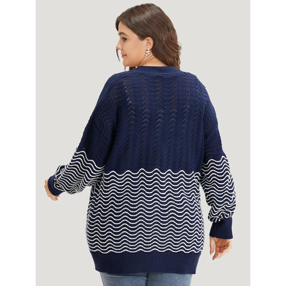Plus Size Water Ripple Button Fly Elastic Cuffs Cardigan DarkBlue Women Casual Loose Long Sleeve Dailywear Cardigans BloomChic 22-24/3X Product Image