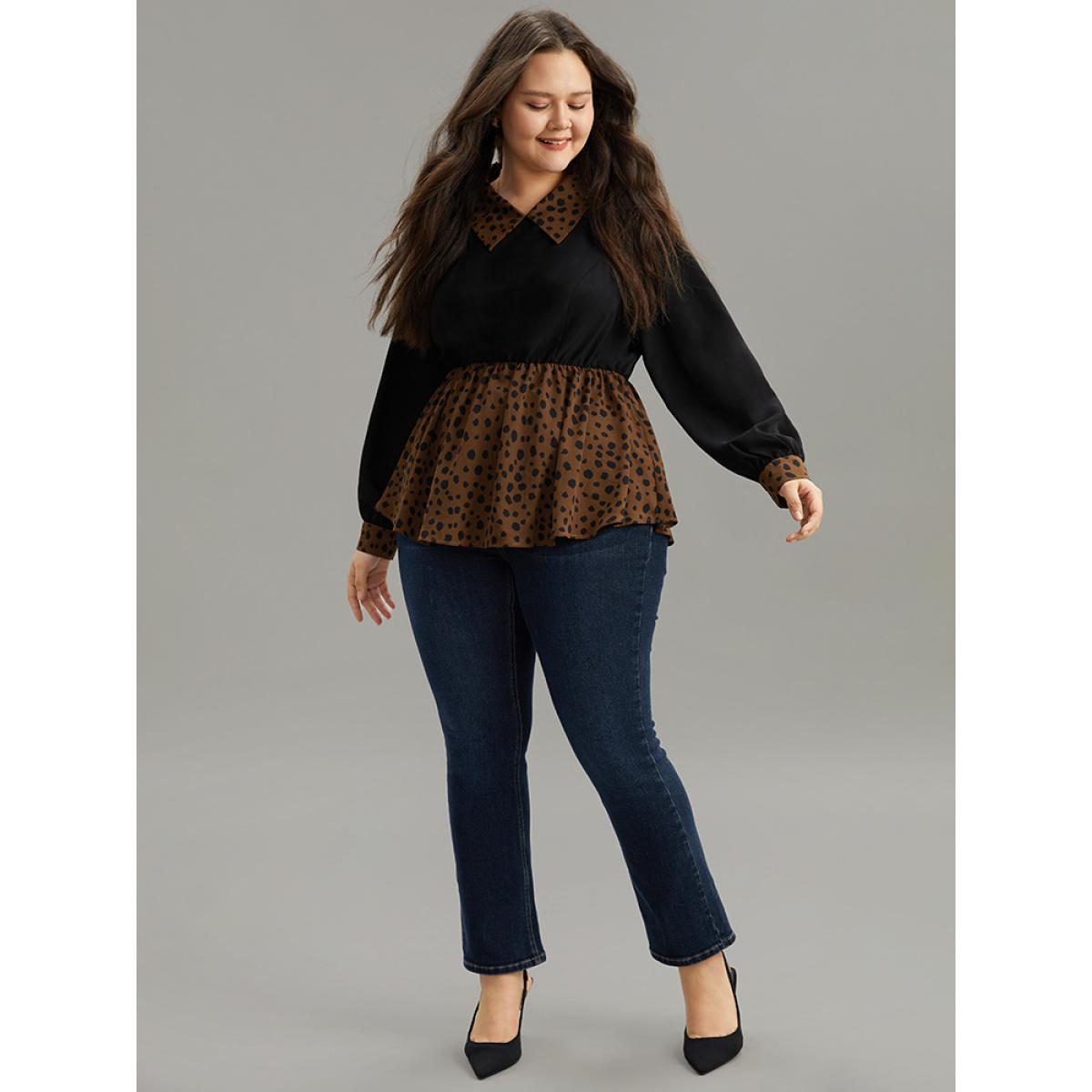 Plus Size Black Leopard Patchwork Elastic Waist Blouse Women Elegant Long Sleeve Lapel Collar Dailywear Blouses BloomChic 26/4X Product Image