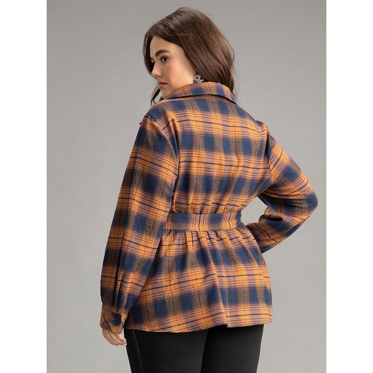 Plus Size Chocolate Plaid Elastic Waist Shirt Collar Blouse Women Elegant Long Sleeve Shirt collar Dailywear Blouses BloomChic 28/5X Product Image