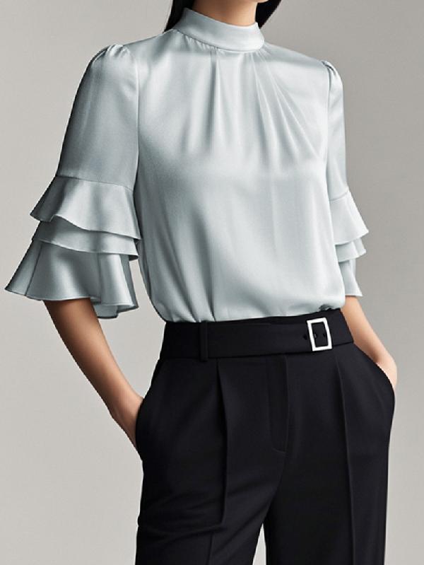 Half Sleeves Loose Layered Pleated Solid Color Split-Joint Mock Neck Blouses&Shirts Tops Product Image