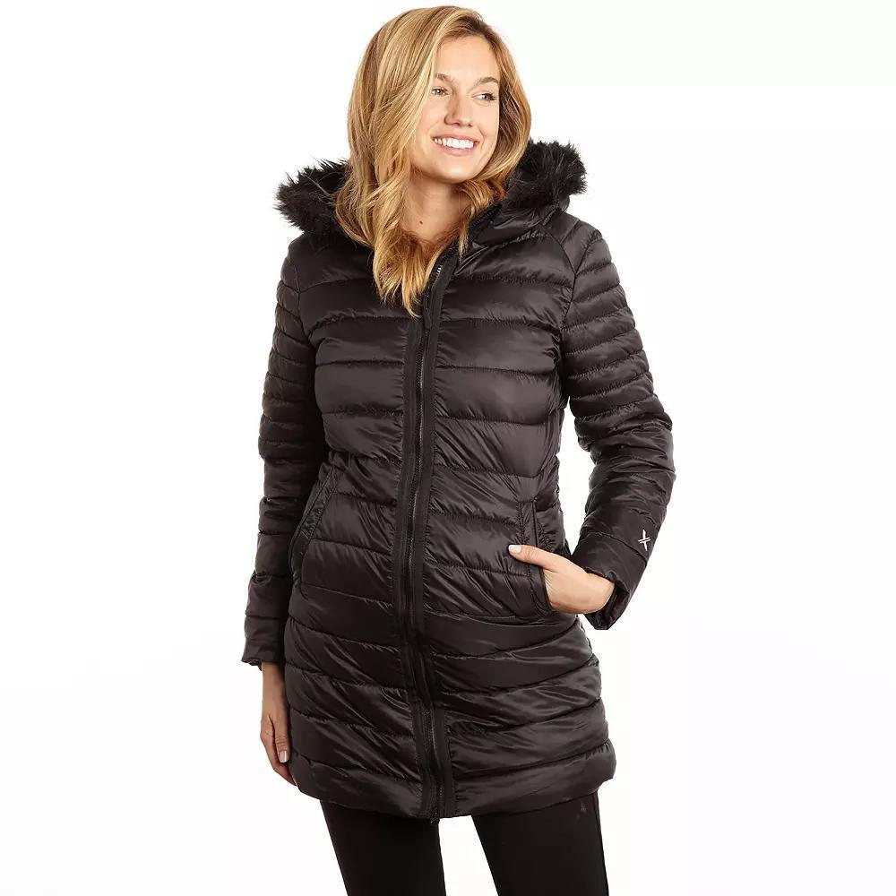 Womens Excelled Poly 3/4 Puffer with Attached Hood Faux Fur Trim, Women's, Size: Small, Black Product Image