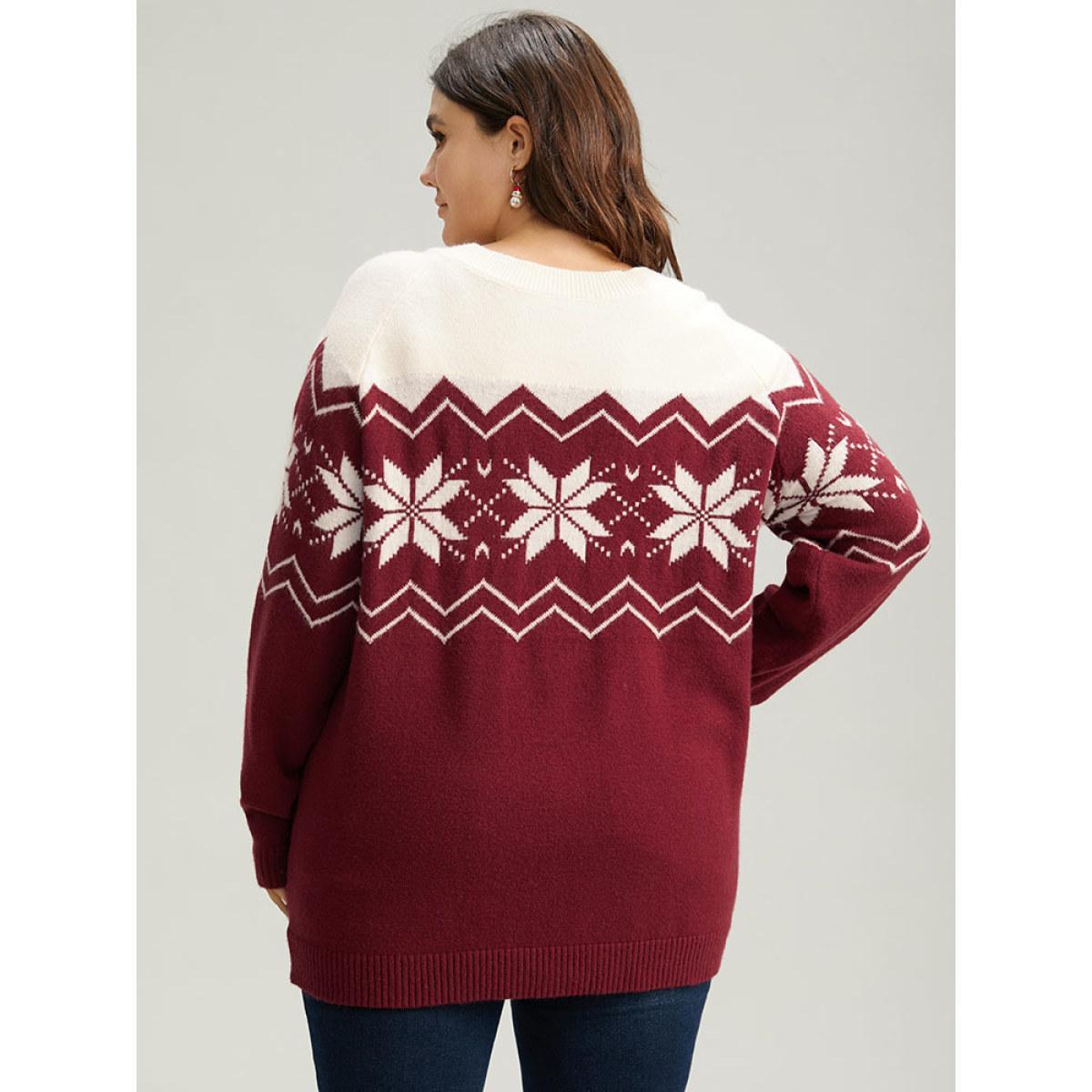 Plus Size Supersoft Essentials Snowflake Colorblock Pullover Scarlet Women Casual Loose Long Sleeve Round Neck Festival-Christmas Pullovers BloomChic 12/L Product Image