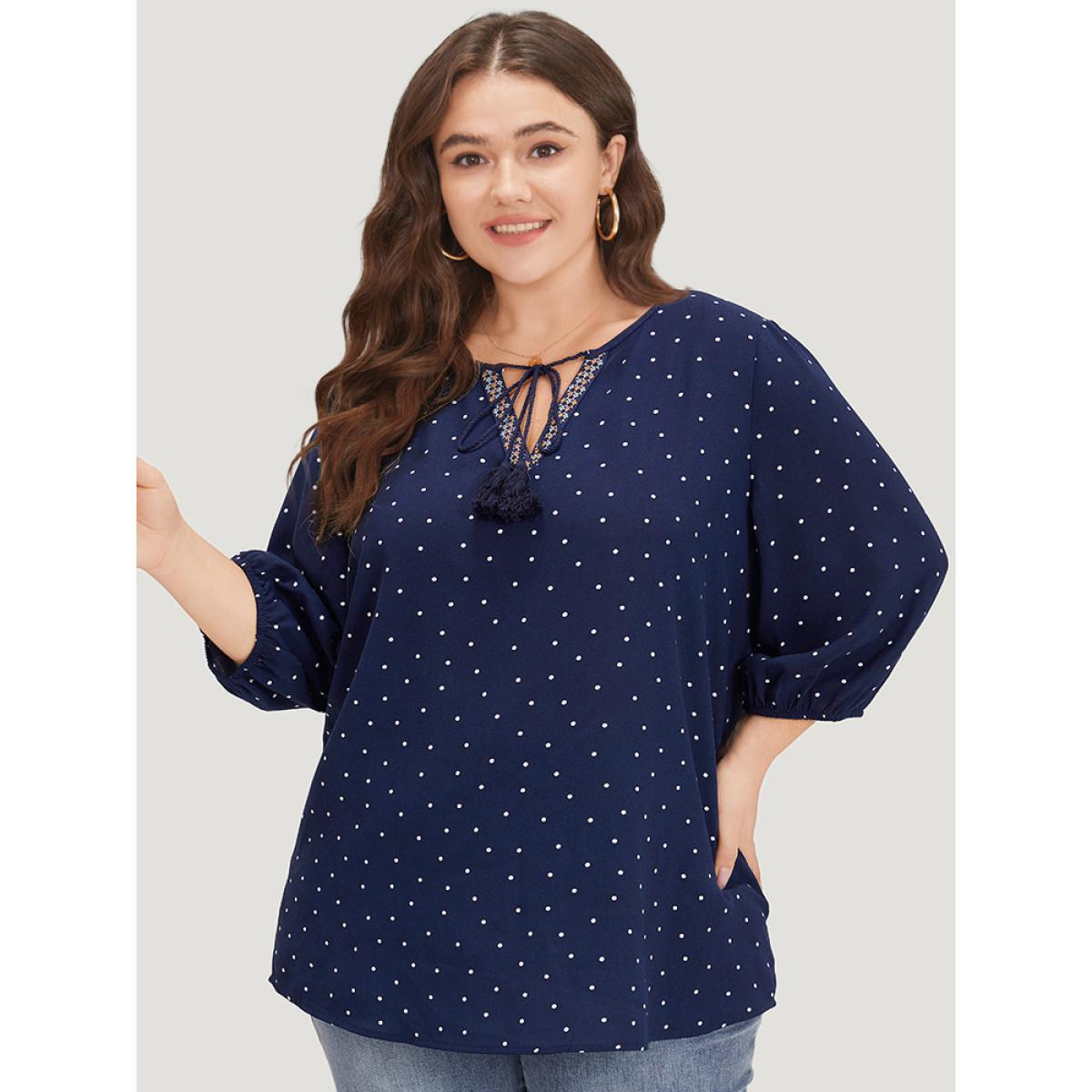 Plus Size Indigo Polka Dot Tassels Ties Elastic Cuffs Blouse Women Vacation Elbow-length sleeve V-neck Vacation Blouses BloomChic 28/5X Product Image