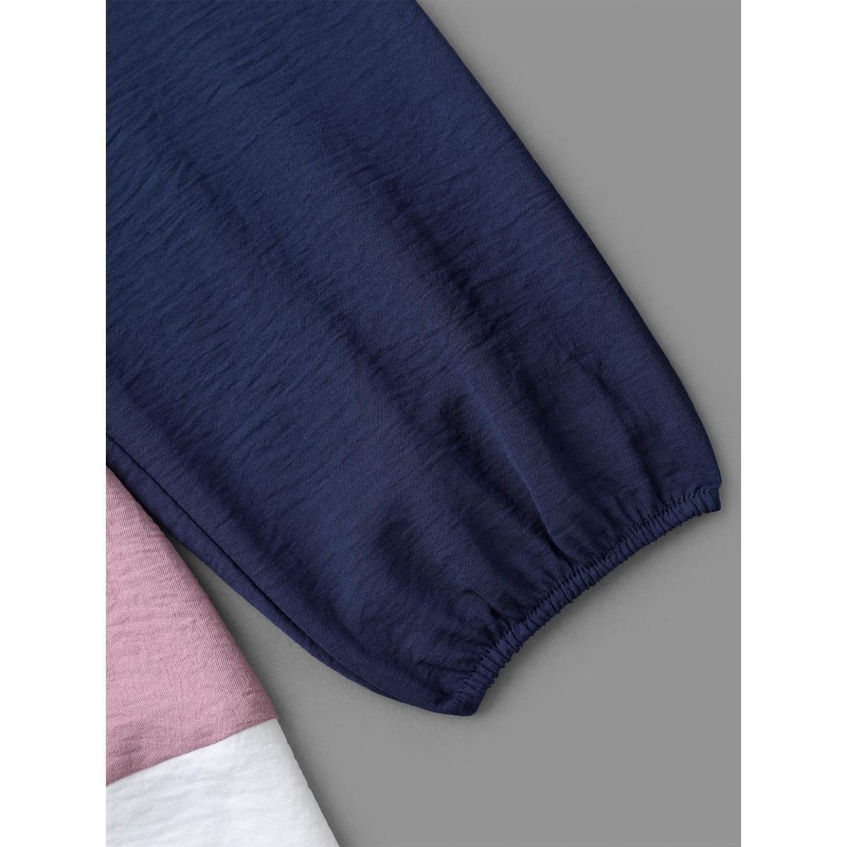 Plus Size Indigo Color Contrast High Low Hem Patchwork Blouse Women Elegant Extra Long Sleeve Round Neck Everyday Blouses BloomChic 10/M Product Image