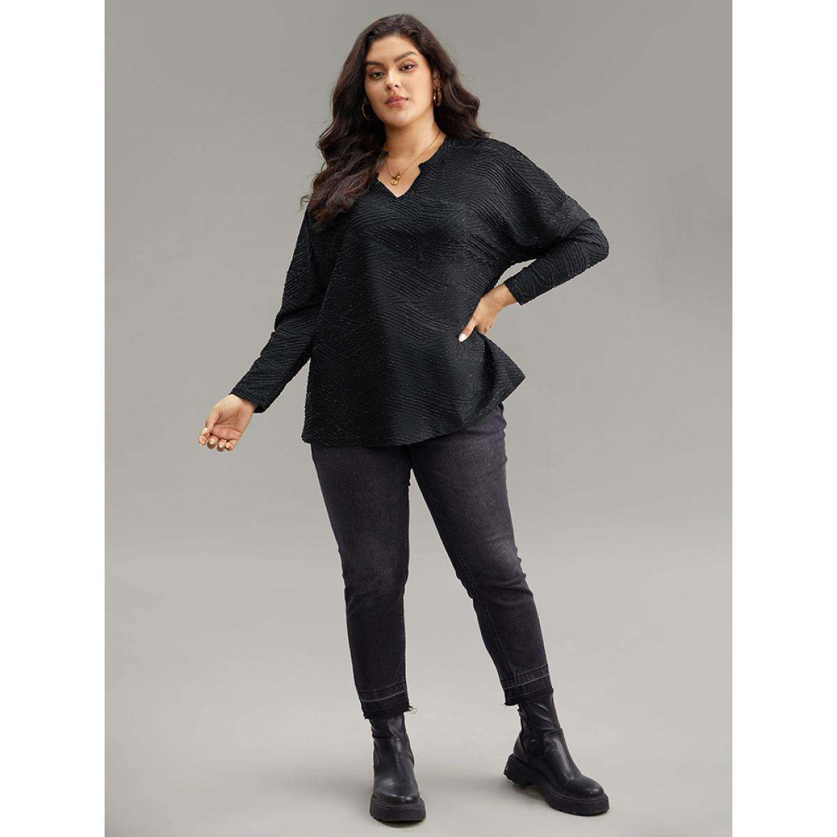 Plus Size Plisse Solid Notched Long Sleeve T-shirt Black Women Casual Texture Plain Notched collar Dailywear T-shirts BloomChic 14-16/1X Product Image