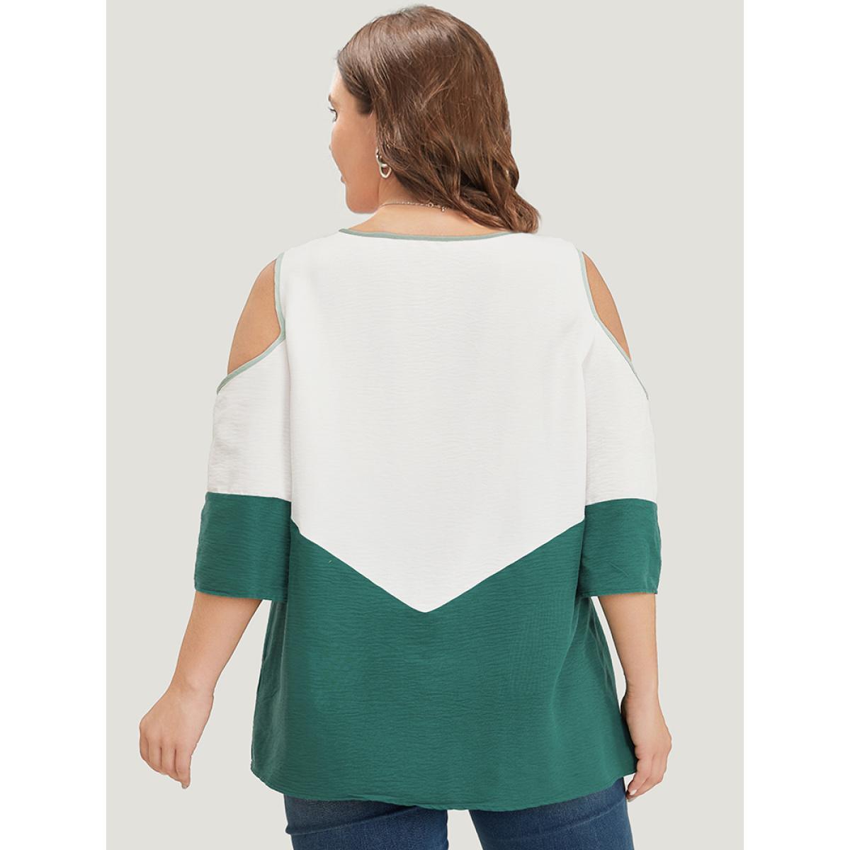 Plus Size Mint Color Block Contrast Trim Cold Shoulder Blouse Women Vacation Elbow-length sleeve Cold Shoulder Dailywear Blouses BloomChic 28/5X Product Image