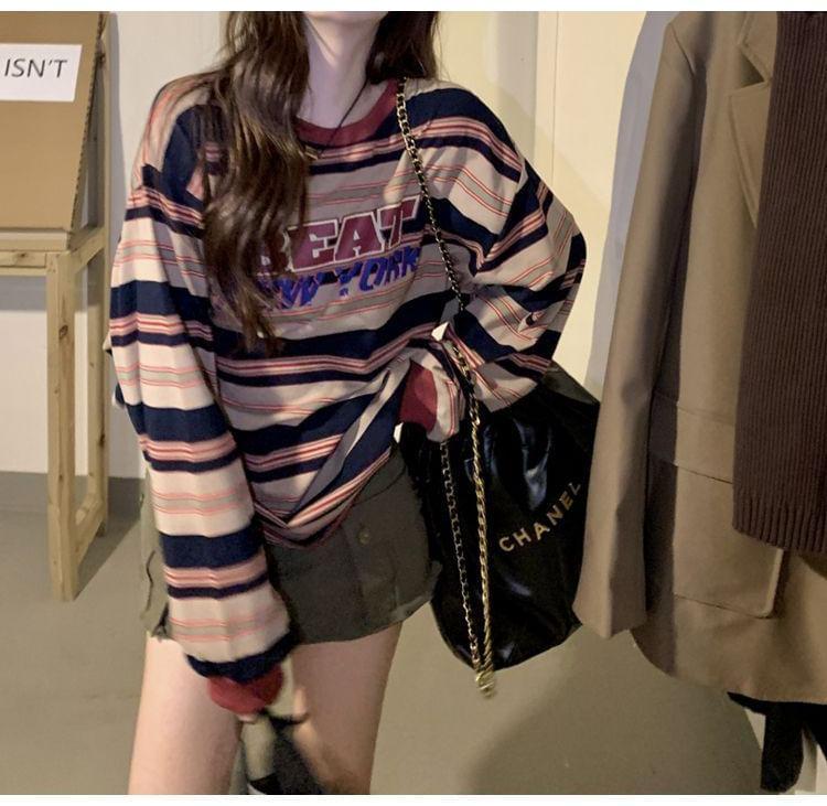 Long-Sleeve Crew Neck Striped Lettering T-Shirt Product Image