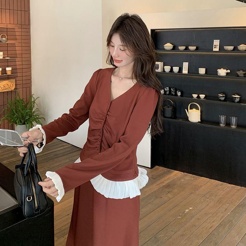 Set: Long Sleeve V-Neck Two Tone Ruffle Ruched Button Top + High Rise Plain Maxi A-Line Skirt Product Image