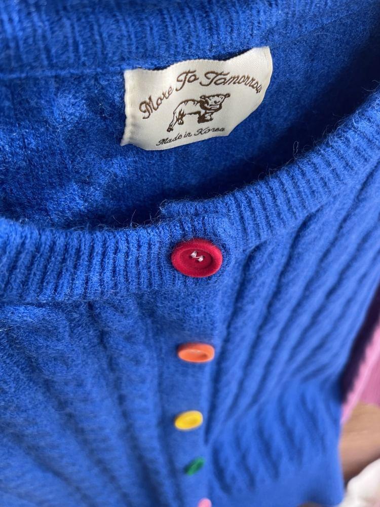Crew Neck Plain Cable Knit Button-Up Cardigan Product Image