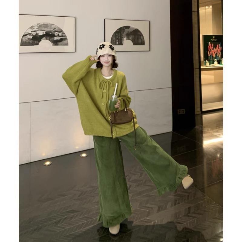 Crew Neck Plain Tie Front Button-Up Cardigan / Ruffle Hem Wide Leg Pants Product Image