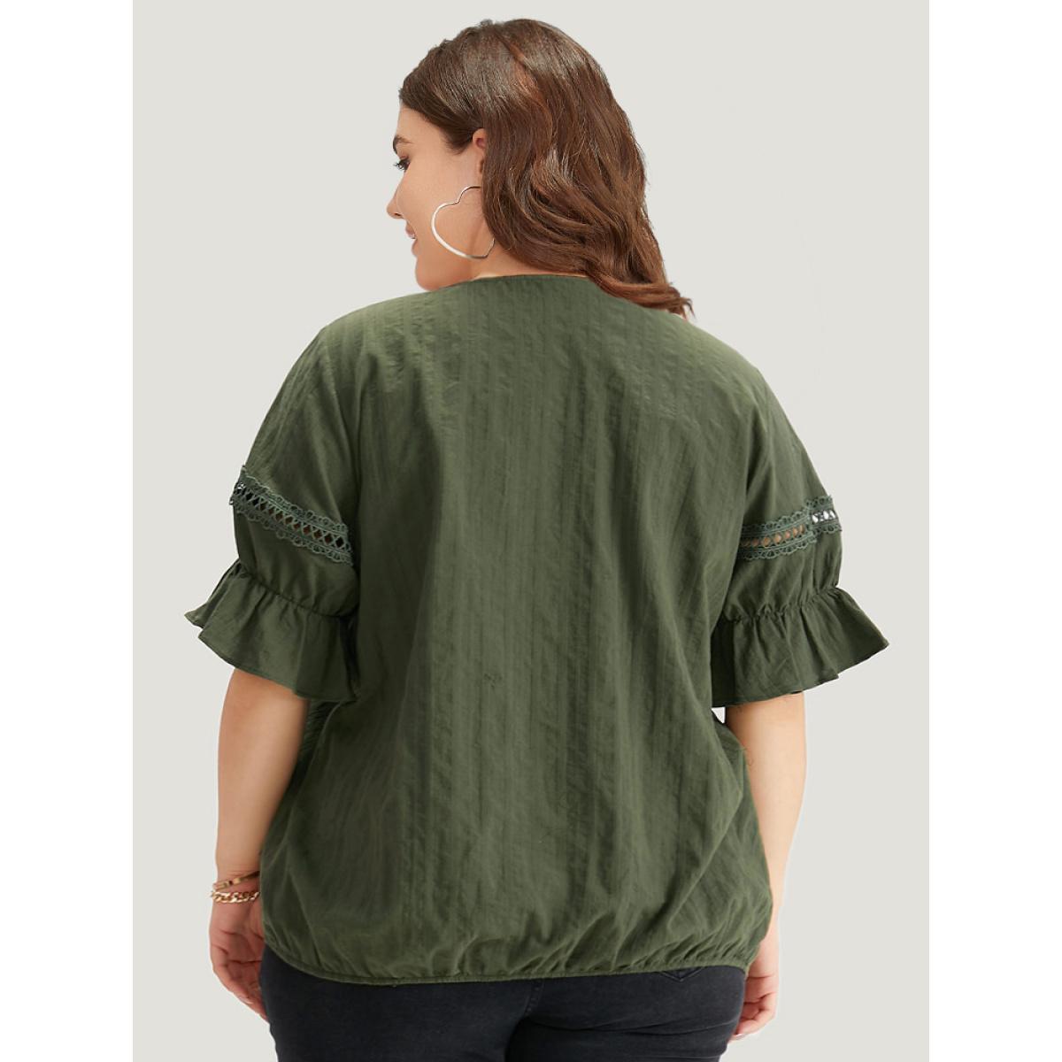 Plus Size ArmyGreen Solid Ruffle Trim Guipure Lace Elastic Hem Blouse Women Vacation Short sleeve V-neck Dailywear Blouses BloomChic 18-20/2X Product Image