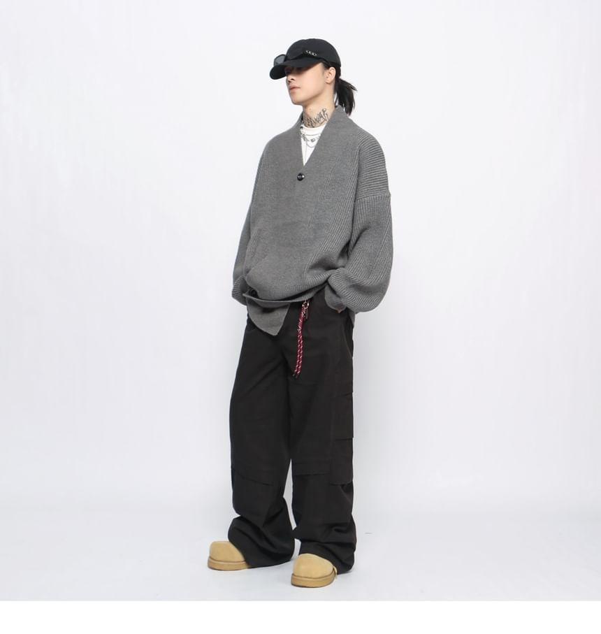 V-Neck Drop-Shoulder Plain Cardigan Product Image