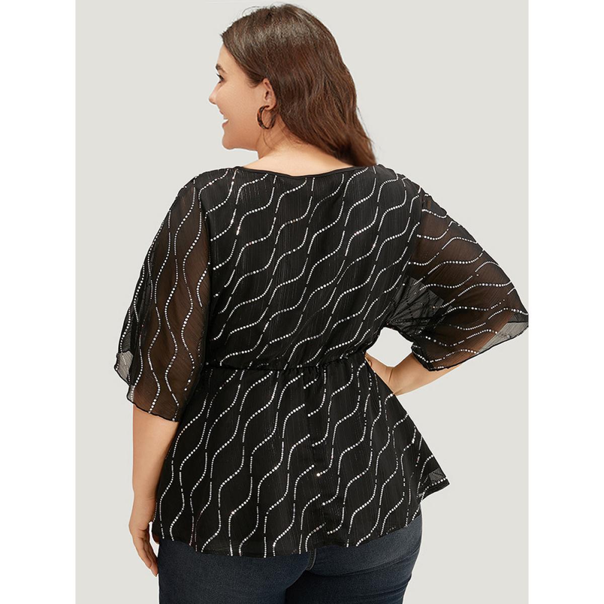Plus Size Black Chiffon Rhinestone Mesh Patchwork Elastic Waist Blouse Women Glamour Half Sleeve Round Neck Going out Blouses BloomChic 18-20/2X Product Image