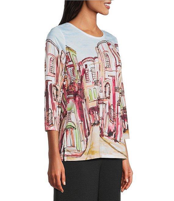 Allison Daley Petite Size Rue Paris Print Embellished 3/4 Sleeve Crew Neck Knit Top Product Image