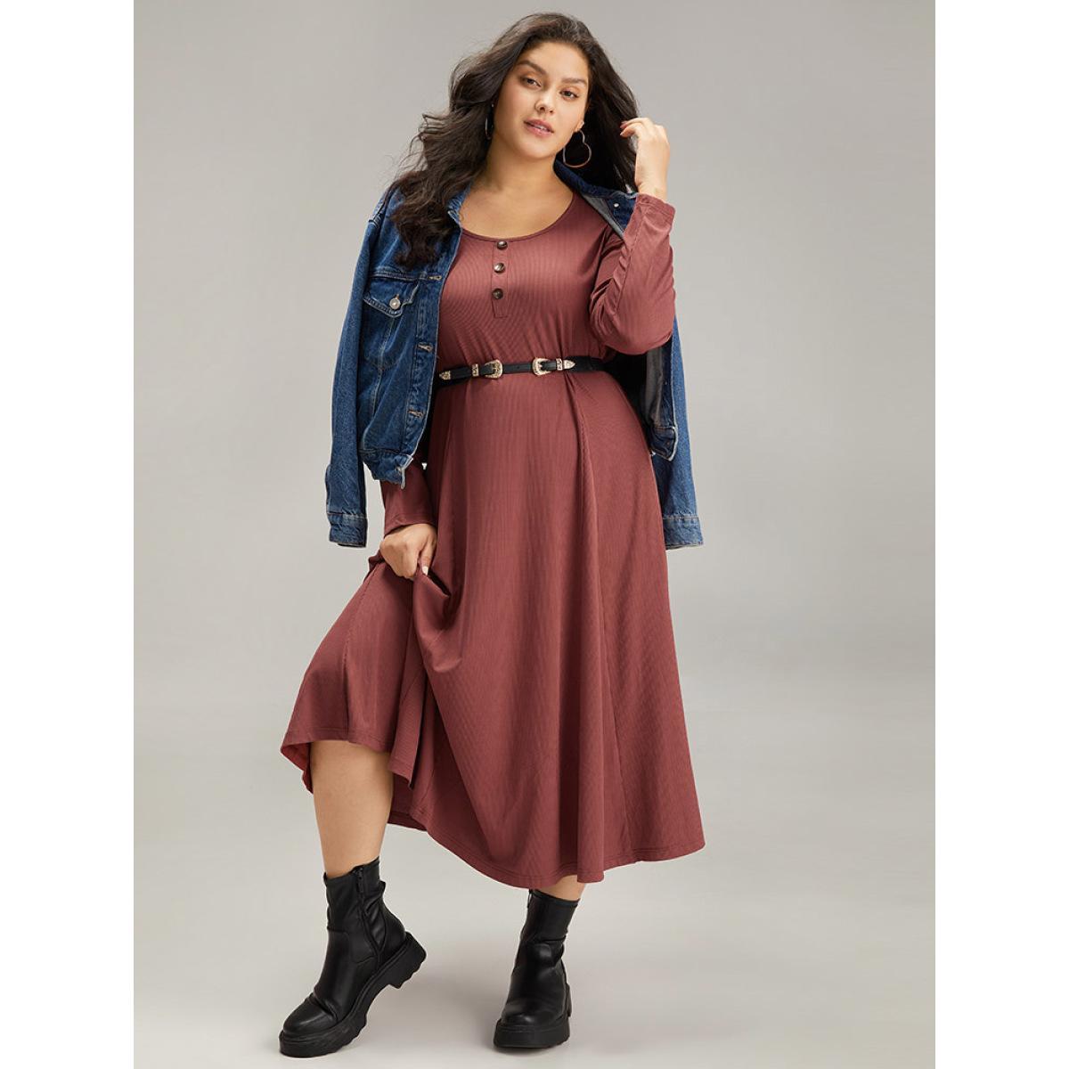 Plus Size Rib Knit Solid Button Up Pocket Ruffle Hem Dress Scarlet Women Casual Plain Round Neck Long Sleeve Curvy Midi Dress BloomChic 22-24/3X Product Image