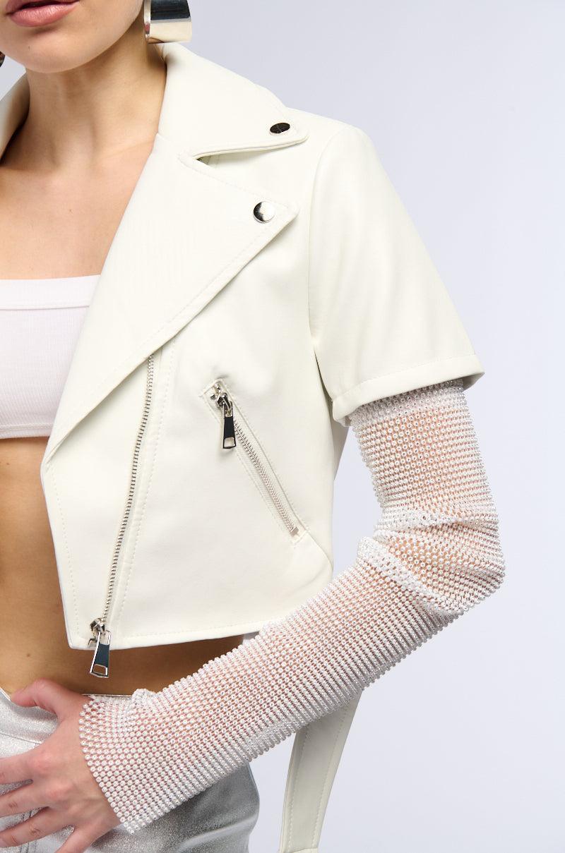 ACEROLA BLING RHINESTONE SLEEVE MOTO JACKET IN WHITE Product Image