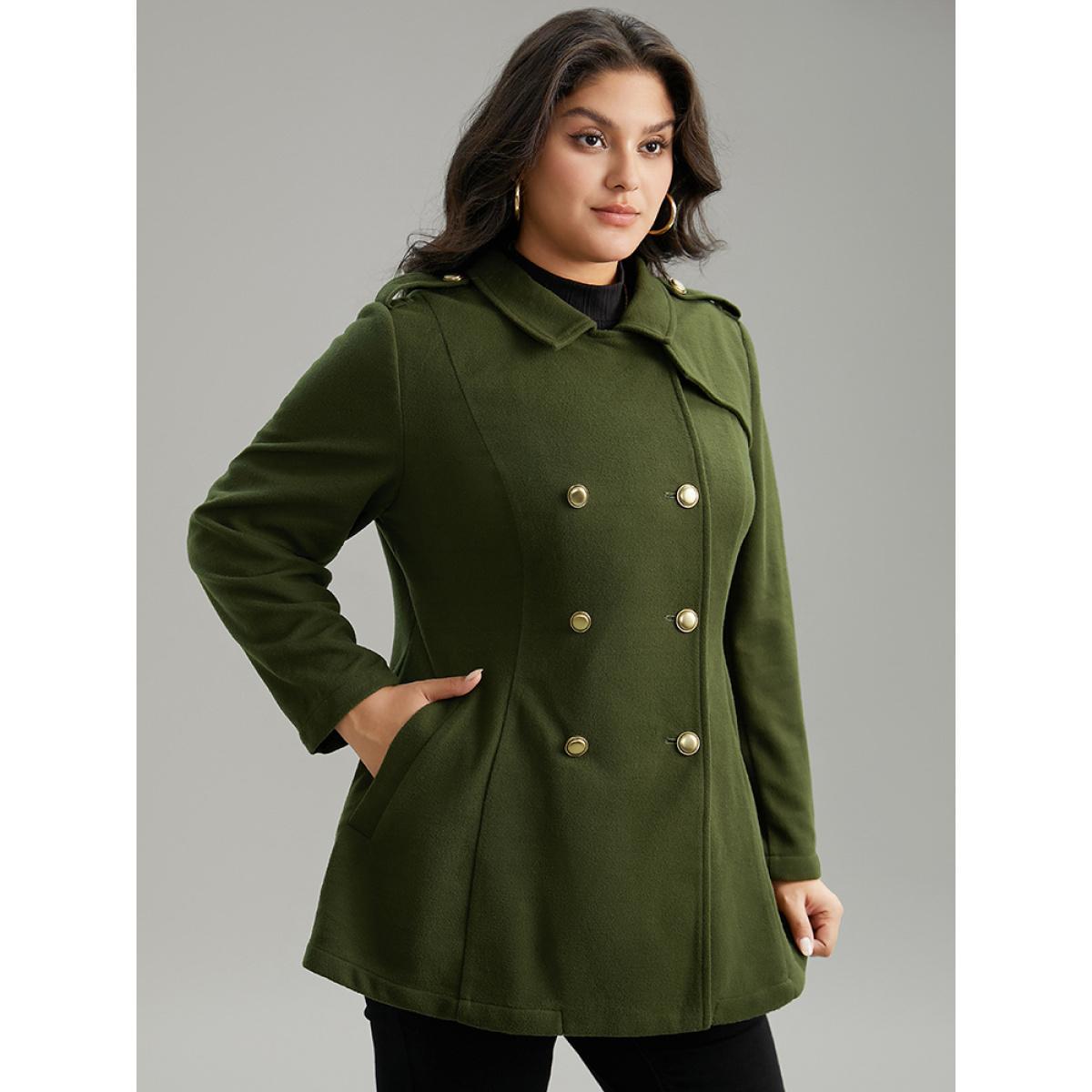 Plus Size Plain Double Breasted Lapel Collar Coat Women ArmyGreen Casual Plain Ladies Dailywear Winter Coats BloomChic 28/5X Product Image
