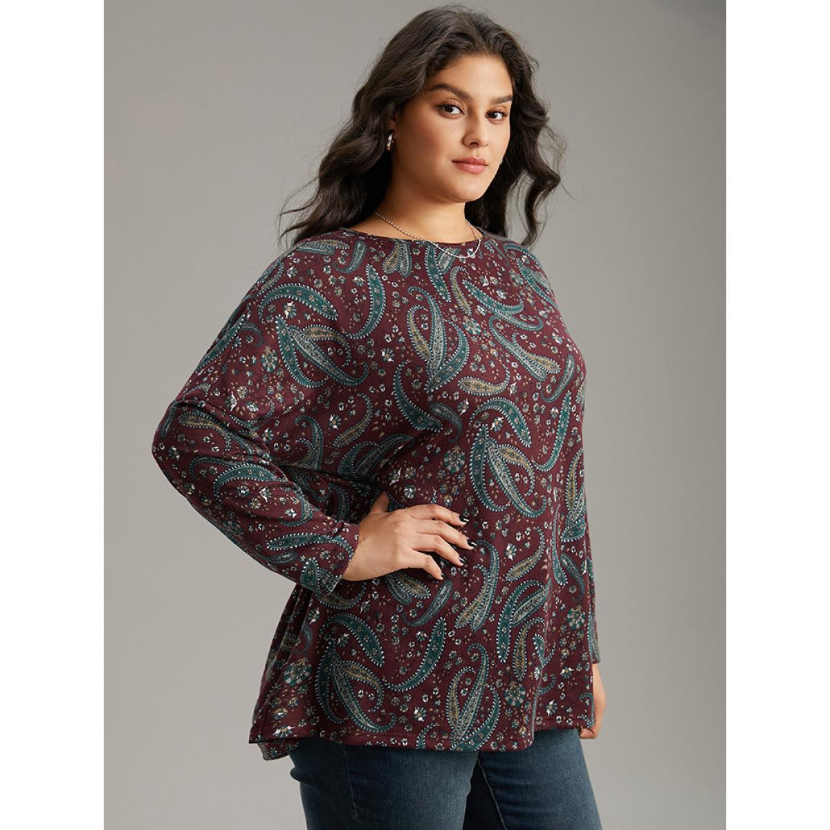 Plus Size Paisley Print Round Neck Slightly Stretchy T-shirt Burgundy Women Elegant Printed Paisley Round Neck Dailywear T-shirts BloomChic 22-24/3X Product Image
