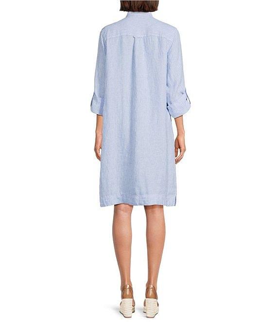 John Mark Petite Size Yarn-Dye Stripe Linen Wire Collar 3/4 Roll-Tab Sleeve Shirt Dress Product Image