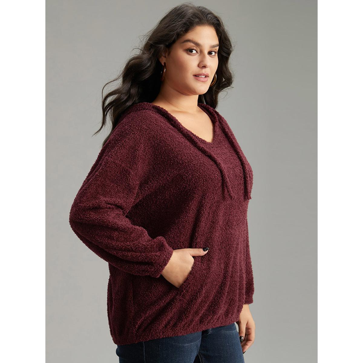 Plus Size Fuzzy Solid Hooded Pocket Ties Sweatshirt Women Burgundy Casual Elastic cuffs Hooded Dailywear Sweatshirts BloomChic 12/L Product Image