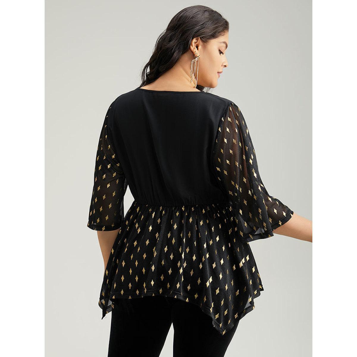 Plus Size Black Glitter Patchwork Mesh Hanky Hem Blouse Women Glamour Elbow-length sleeve V-neck Festival-Christmas Blouses BloomChic 28/5X Product Image