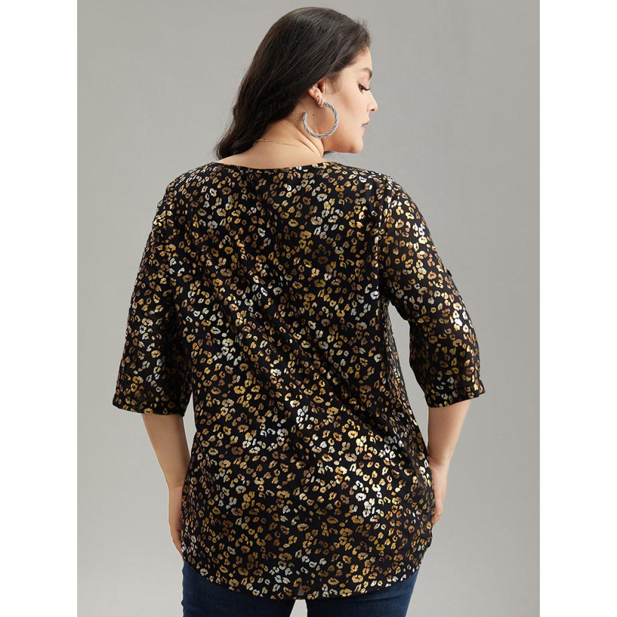 Plus Size Black Leopard Glitter Wrap V Neck Blouse Women Glamour Elbow-length sleeve V-neck Going out Blouses BloomChic 12/L Product Image