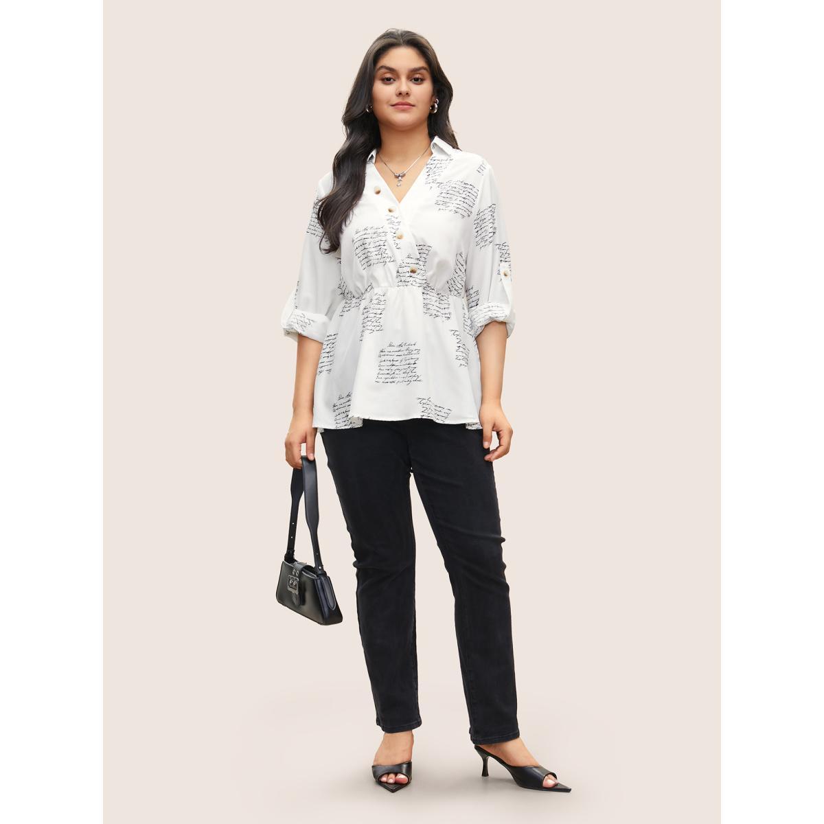 Plus Size White Letter Elastic Waist Button Detail Blouse Women At the Office Long Sleeve V-neck Work Blouses BloomChic 18-20/2X Product Image