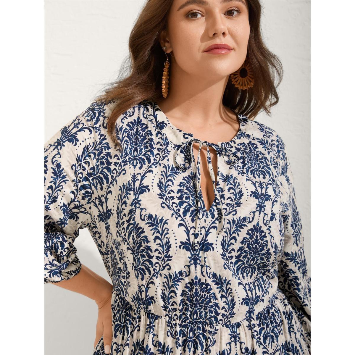 Plus Size Damask Print Tie Knot Puff Sleeve Dress DarkBlue Women Resort Tie knot V-neck Elbow-length sleeve Curvy BloomChic 22-24/3X Product Image