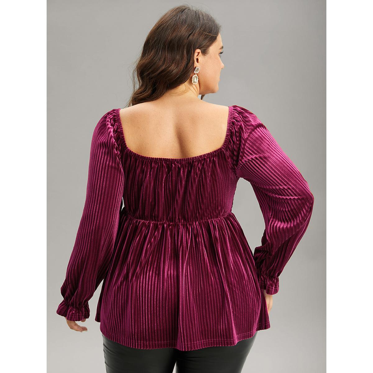 Plus Size RedViolet Velvet Frill Trim Shirred Square Neck Blouse Women Glamour Long Sleeve Square Neck Party Blouses BloomChic 18-20/2X Product Image