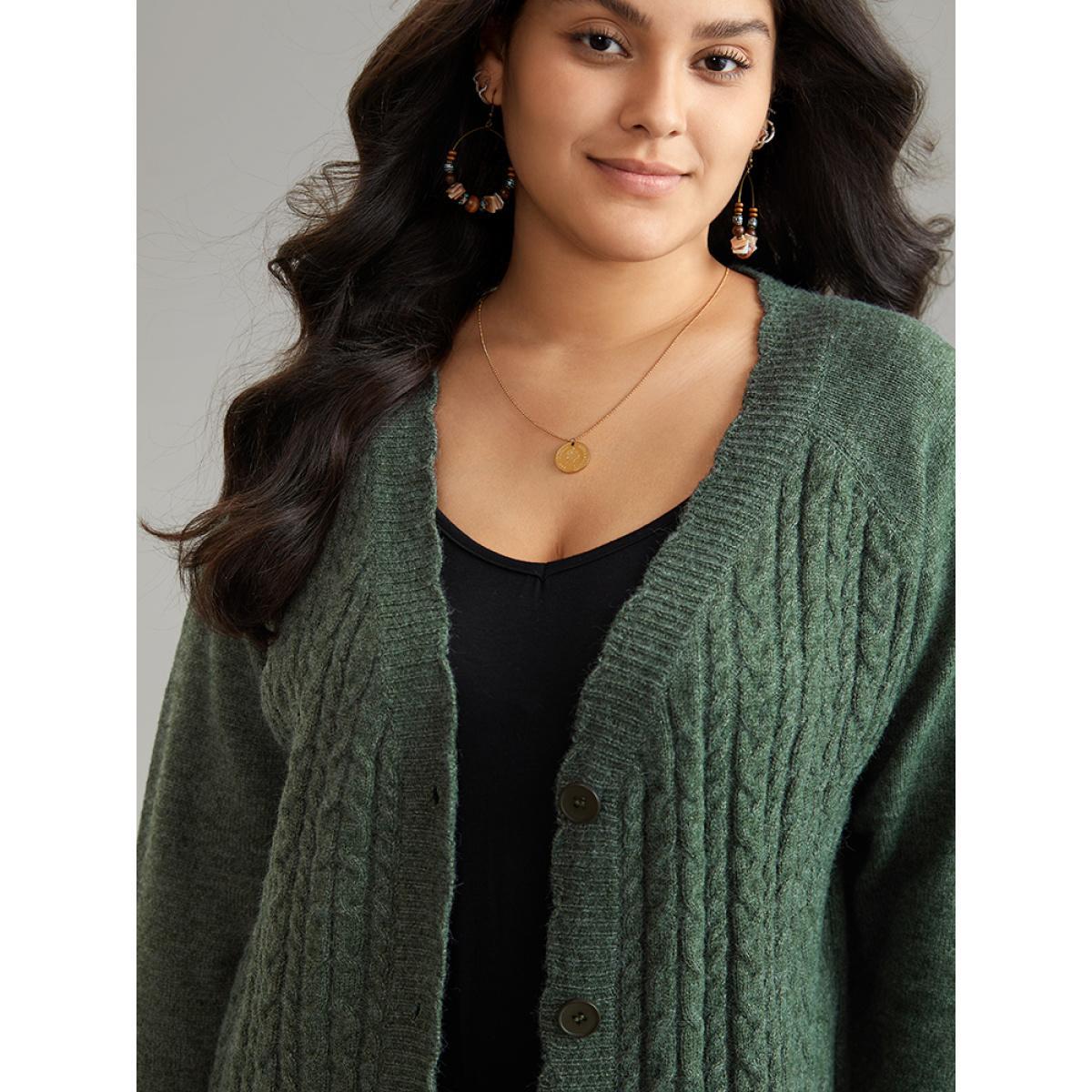Plus Size Solid Cable Knit Scalloped Trim Cardigan DarkGreen Women Casual Loose Long Sleeve Dailywear Cardigans BloomChic 12/L Product Image