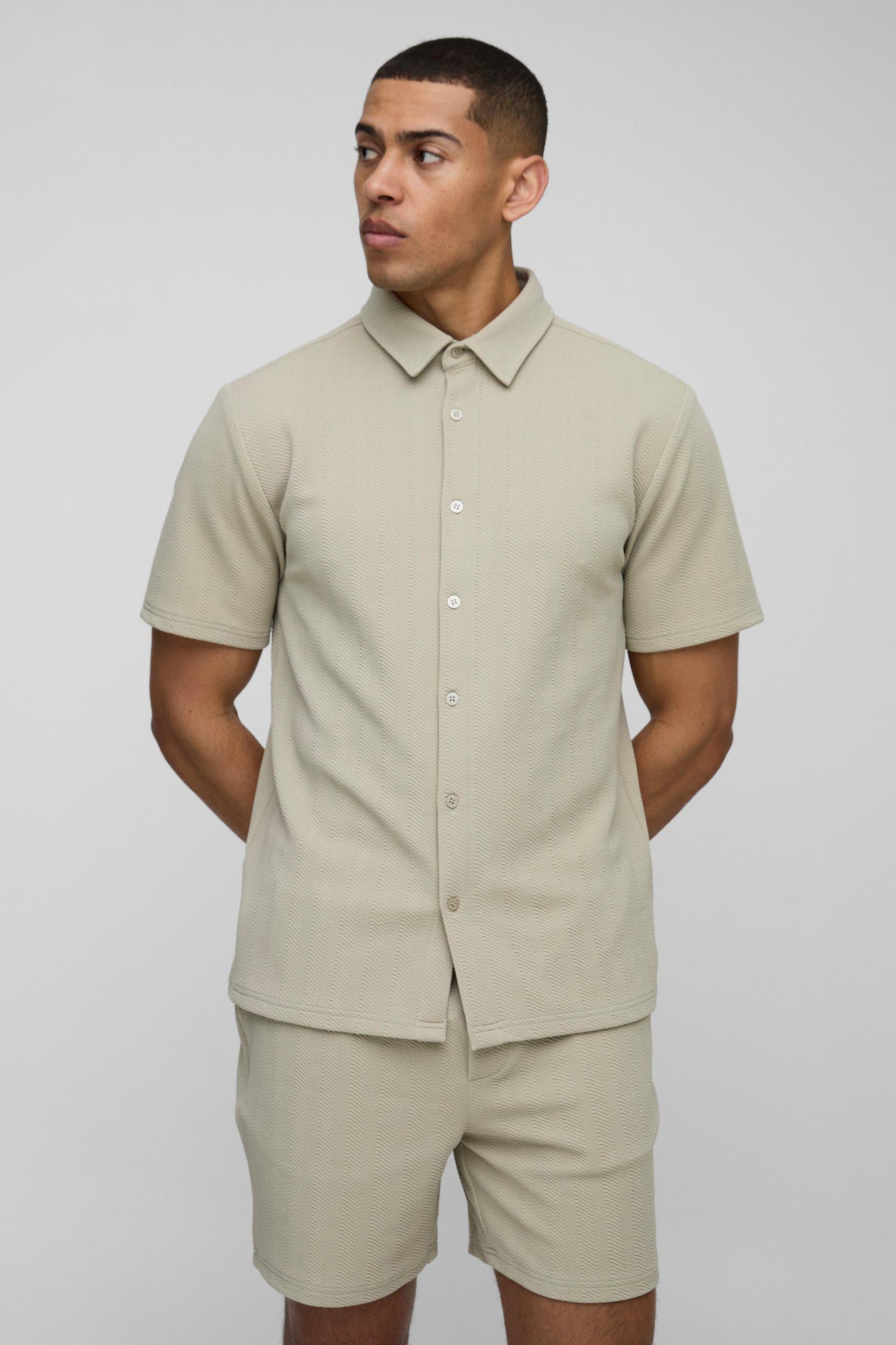 Regular Fit Jersey Herringbone Shirt And Short Set | boohooMAN USA Product Image
