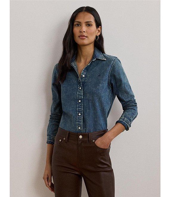 Lauren Ralph Lauren Petite Size Jamelko Point Collar Long Sleeve Classic Fit Denim Shirt Product Image