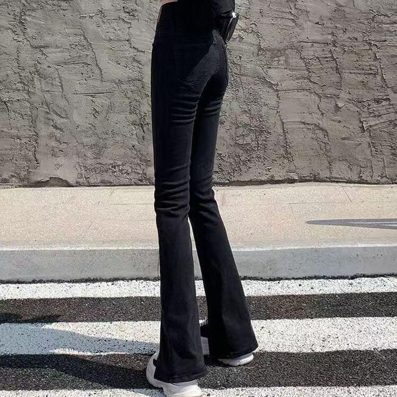 High Waist Plain Slit Flared Jeans Product Image