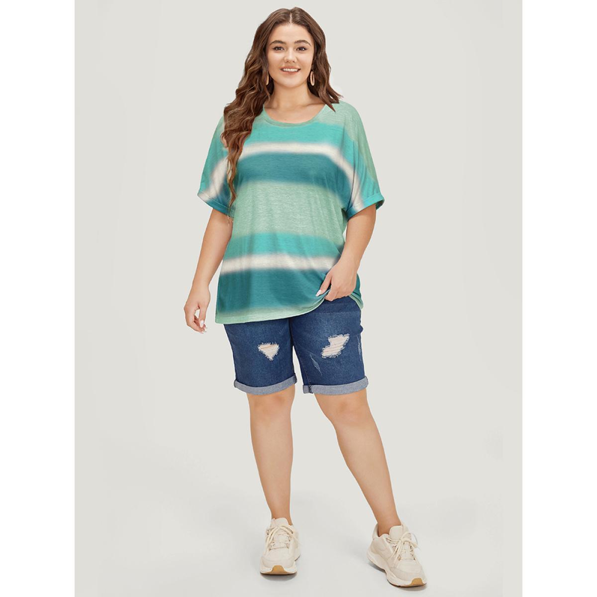 Plus Size Striped Contrast Roll Dolman Sleeve T-shirt Teal Women Casual Contrast Striped Round Neck Everyday T-shirts BloomChic 18-20/2X Product Image