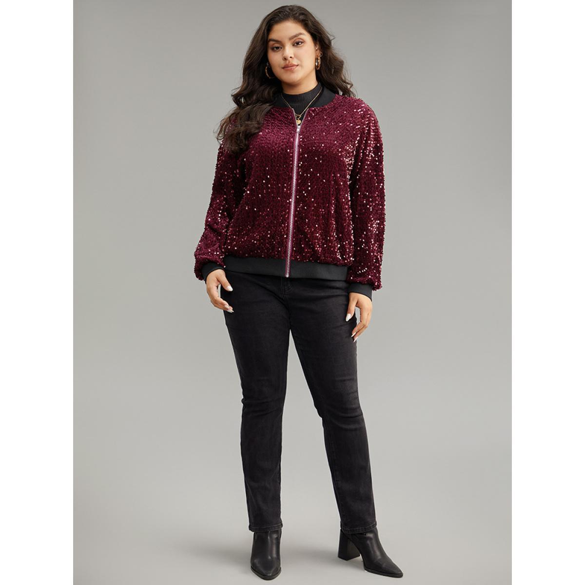Plus Size Sequin Zipper Patchwork Contrast Bomber Jacket Women Burgundy Contrast Dailywear Jackets BloomChic 22-24/3X Product Image