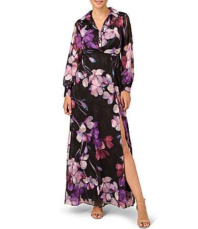 Adrianna Papell Printed Floral Long Sleeve Shirt Dress Gown Multi) Women's Dress Product Image