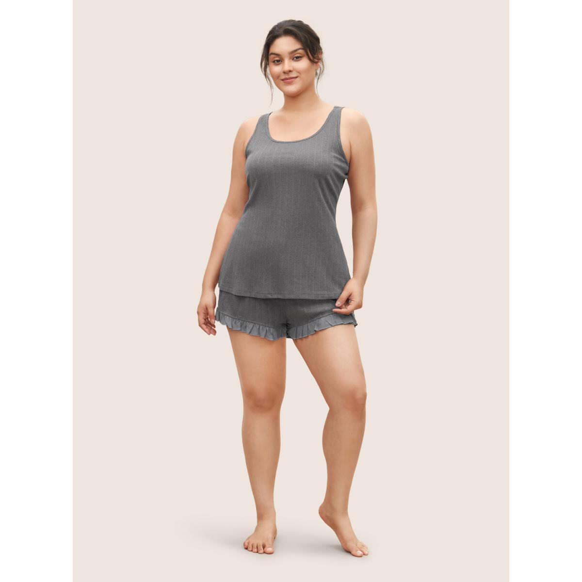 Plus Size Texture Patchwork Ruffles Drawstring Loungewear Set Women DarkGray Texture Sleeveless Non Lounge Loungewear Sets BloomChic 14-16/1X Product Image