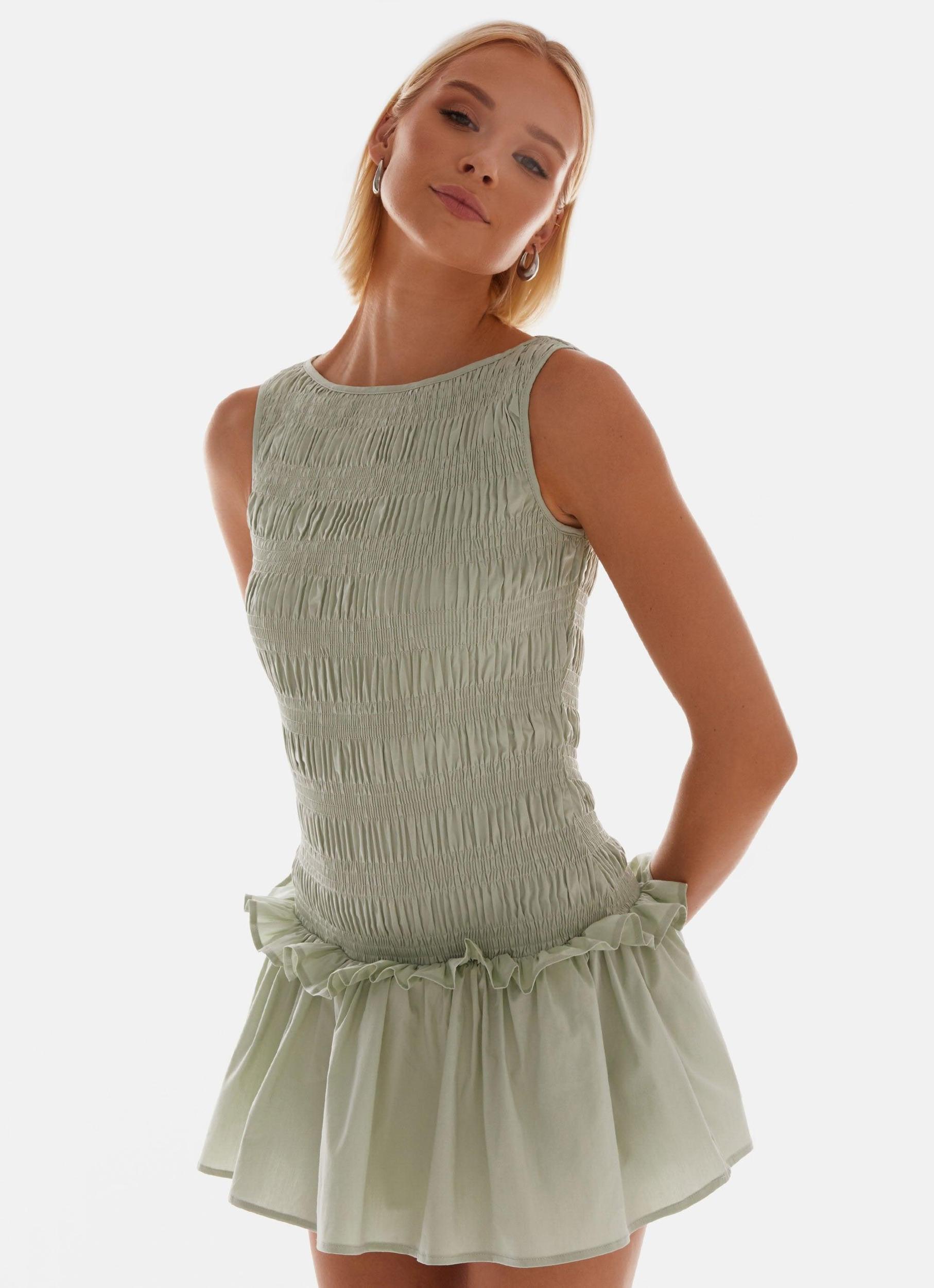 Garden Kisses Shirred Mini Dress - Sage Product Image